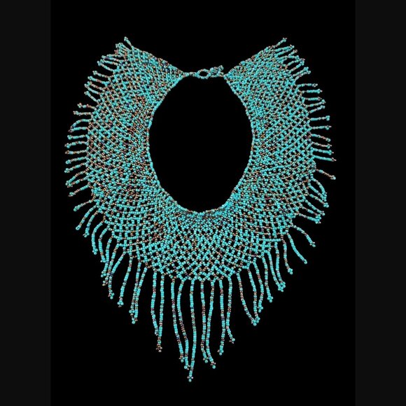 Handmade Crafted Beaded Turquoise Black Bead 17"L Fringe Collar Necklace - Picture 1 of 5